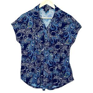 Jones New York Signature Women’s Top Size Large Navy Paisley Collared Blouse